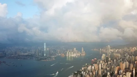 Time lapse of 4K Aerial view of Victoria Harbour by drone In Hong Kong Stock Footage 116708163