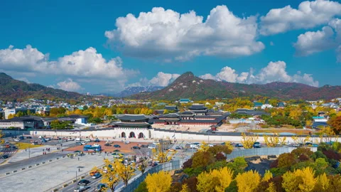 Time lapse 4k Aerial view of Gyeongbokgung Palace in autumn at Seoul South Korea Stock Footage 144613736
