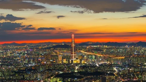 Time lapse 4k Beautiful Sunset of Seoul, cityscape at South Korea. Stock Footage 100276559