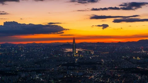 Time lapse 4k Beautiful Sunset of Seoul, cityscape at South Korea. Stock Footage 100276588