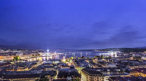 Time lapse 4k night view of the city of Geneva, Lake Geneva Switzerland Stock Footage 40737111