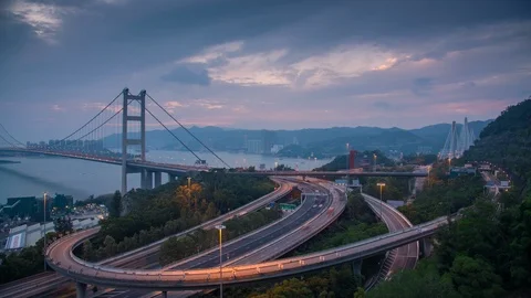 Time lapse 4k of Tsing ma bridge and super high way road Stock Footage 119266232