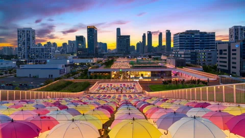 Time lapse 4k twilight sunset at Triple Street is a shopping mall in Songdo,Inch Stock Footage 162227767