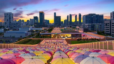 Time lapse 4k twilight sunset at Triple Street is a shopping mall in Songdo,Inch Stock Footage 162228172