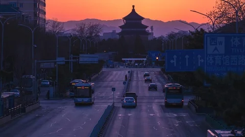 Time lapse of 4K video of transportation during sunset in Beijing Stock Footage 126478024