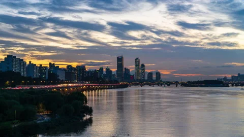 Time lapse 4k View of Yeouido and Han River after sunset in Seoul,South Korea.zo Stock Footage 201413257