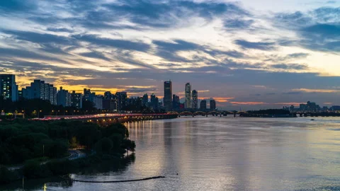 Time lapse 4k View of Yeouido and Han River after sunset in Seoul,South Korea. Stock Footage 201413309