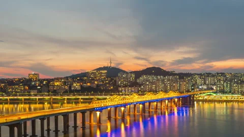 Time Lapse 4K,Traffic and  Sunset at.  Dongho bridge Stock Footage 201021187
