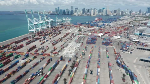 Time lapse above harbor dock revealing panorama of cargo port, Miami downtown 4K Video stock 149988218