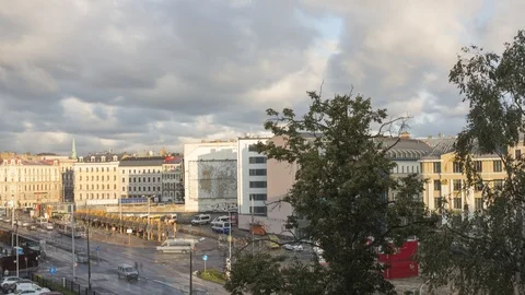 Time lapse of active movement at Riga's central station. Aerial view. Tilt down Stock-Footage 119661764