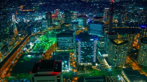 Time lapse Aerial night view of Yokohama Cityscape, Japan Stock Footage 110770920