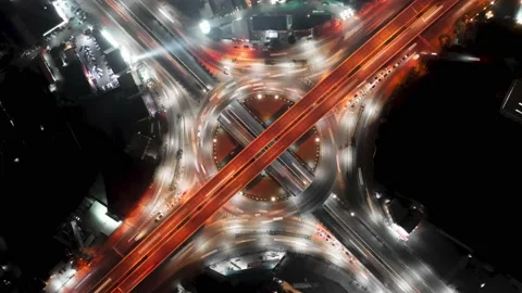 Time Lapse Of Aerial Top View Of Night Roundabout Traffic Stock Footage 212476318