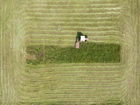 Time lapse aerial of tractor mowing grass field Stock Footage 77145850