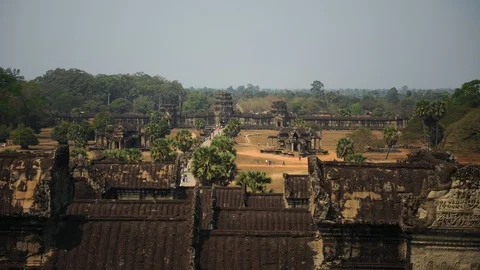 Time Lapse Aerial View of Angkor Wat Temple Cambodia People Visit Siem Reap Day Stock Footage 99663665