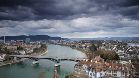 Time Lapse Aerial View of Basel Skyline Rooftops Building Cars Traffic on Bridge Stock Footage 94821220