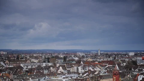 Time Lapse Aerial View of Basel City Skyline Residential Buildings Rooftops Day Stock Footage 94821271