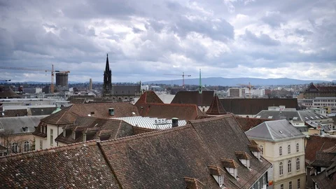 Time Lapse Aerial View of Basel City Skyline with Apartments Buildings Rooftops Stock-Footage 94821477