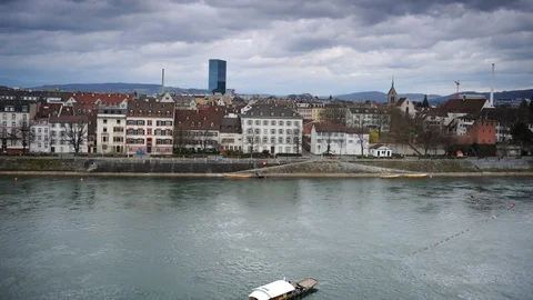 Time Lapse Aerial View Basel City Skyline Crowded Urban Scene and Boat on River Video stock 94821645