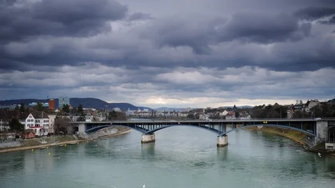Time Lapse Aerial View of Basel Skyline Cars Traffic Bridge Commuters Commuting Stock Footage 98871583