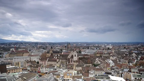 Time Lapse Aerial View of Basel Skyline Crowded Urban Scene with Buildings Roofs Stock Footage 98871600