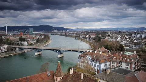 Time Lapse Aerial View of Basel City Skyline Buildings Cars Traffic on Bridge Video stock 104958120