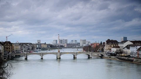 Time Lapse Aerial View Basel Skyline People and Public Transportation on Bridge Stock Footage 104958165