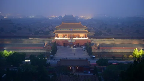 Time Lapse Aerial View Beijing People Walk Forbidden City Landmark Dusk to Night Stock-Footage 104945244