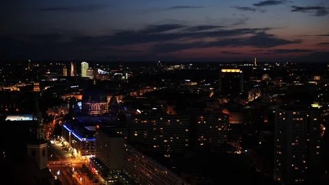 Time Lapse Aerial View Berlin City Skyline Cars Traffic Rush Hour Dusk to Night Stock Footage 99137977