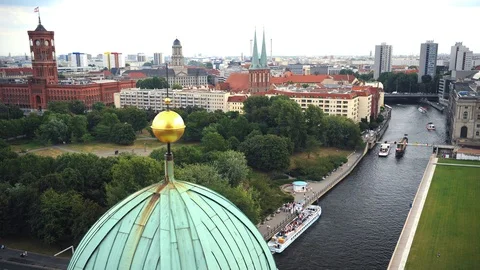 Time Lapse Aerial View of Berlin Skyline Iconic Buildings Ferry Boats on River Stock-Footage 105708125