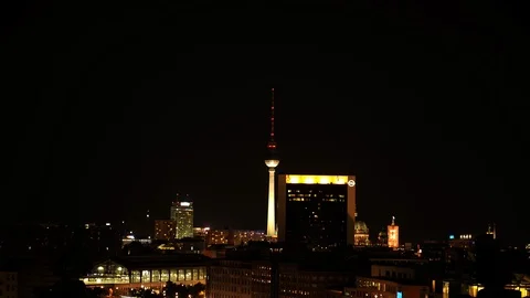 Time Lapse Aerial View of Berlin Skyline Office Towers Iconic Sightseeing Night 스톡 동영상 106076063