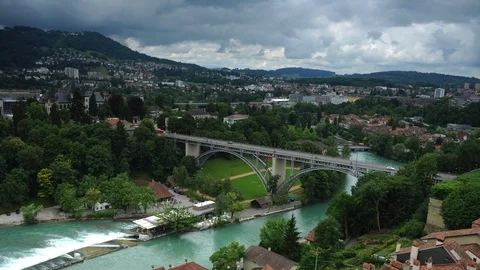 Time Lapse Aerial View Bern City Skyline Cars Traffic on Bridge Famous Landmark Stock Footage 98733137