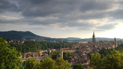 Time Lapse Aerial View of Bern City Skyline with Old Town Buildings Rooftops Day Stock Footage 98733234