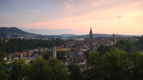 Time Lapse Aerial View Bern Skyline Crowded Urban Scene Iconic Landmark Sunset Stock Footage 98733327