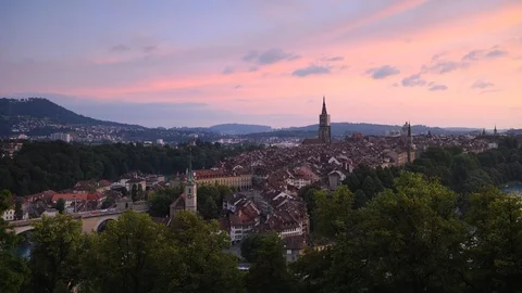 Time Lapse Aerial View of Bern City Skyline Old Town Buildings Landmark Sunset Stock Footage 104498791
