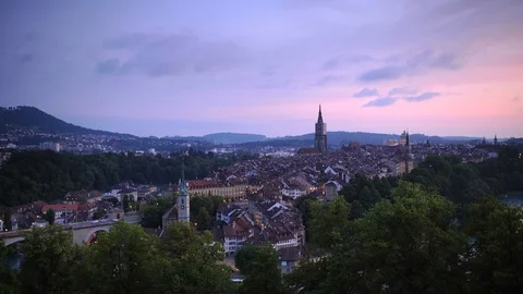 Time Lapse Aerial View of Bern Skyline Old Town Buildings Sight Dusk to Night Stock Footage 104499404
