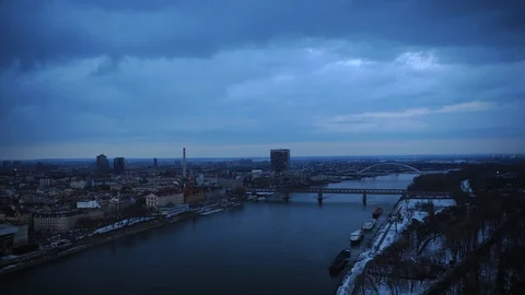 Time Lapse Aerial View of Bratislava Skyline Famous Landmark Danube River Dusk Stock Footage 104500029