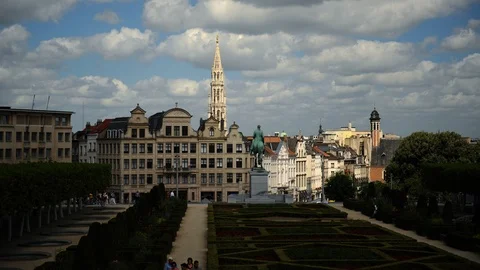 Time Lapse Aerial View of Brussels Skyline Crowd of People Visit Albertina Park Video stock 99276941