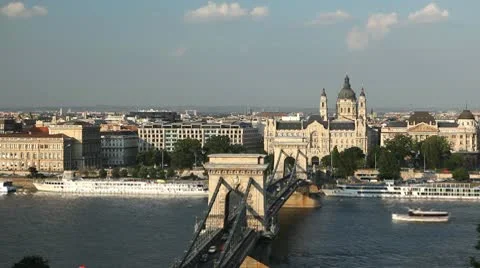 Time Lapse of Aerial View of Budapest, Szechenyi Chain Bridge, Parliament Stock Footage 9834532