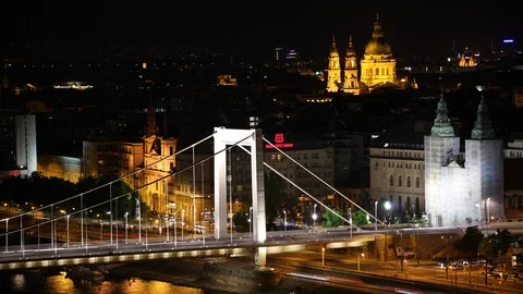 Time Lapse Aerial View Budapest Skyline Cars Traffic on Elizabeth Bridge Night Stock-Footage 99886856