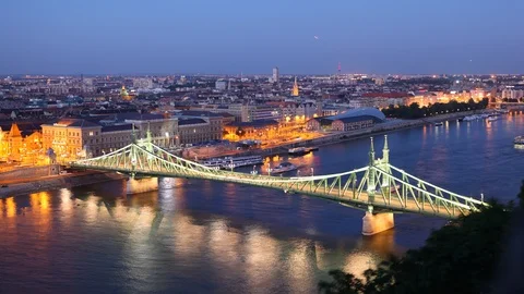 Time Lapse Aerial View of Budapest Skyline Liberty Bridge Famous Landmark Dusk Stock Footage 99886861