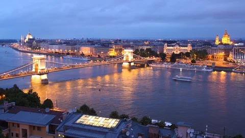 Time Lapse Aerial View Budapest Skyline and Szechenyi Chain Bridge Dusk to Night Video stock 104387659