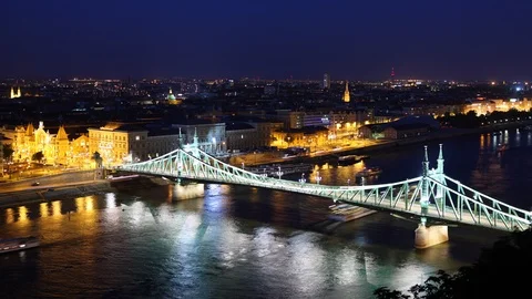 Time Lapse Aerial View Budapest Skyline Buildings Liberty Bridge Dusk to Night Stock Footage 104387732