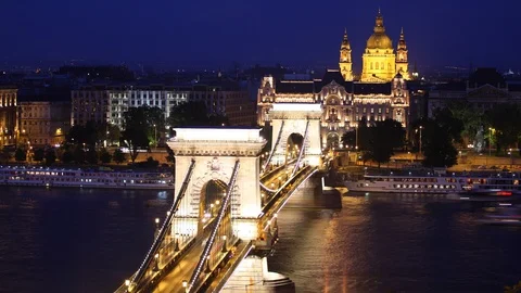 Time Lapse Aerial View of Budapest Iconic Szechenyi Chain Bridge Dusk to Night Video stock 105709693
