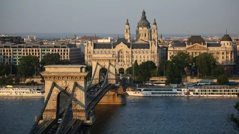 Time Lapse Aerial View of Budapest Skyline Famous Travel Landmarks Sunset Light Video stock 106124618