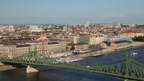 Time Lapse Aerial View Budapest Skyline Ferry Boats Passing Under Liberty Bridge Stock-Footage 109287439