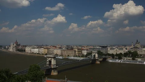 Time Lapse Aerial View of Budapest Skyline Car Traffic on Szechenyi Chain Bridge Stock Footage 109287548