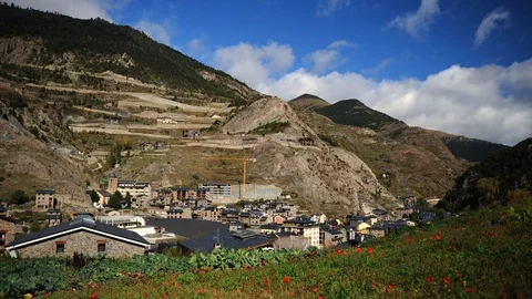 Time Lapse Aerial View of Canillo City in Pyrenees Mountains Tourist Attraction Stock Footage 95149386