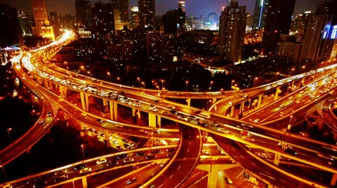 Time lapse Aerial View Car Traffic Jam on overpass Interchange at night. Stock-Footage 33688843