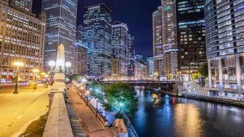 Time Lapse - Aerial View of Chicago Downtown at Night - 4K Stock Footage 100744380
