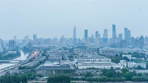 Time Lapse Aerial View Chinese Nanjing Busiest Highway from day to night, Vídeo Stock 74978563